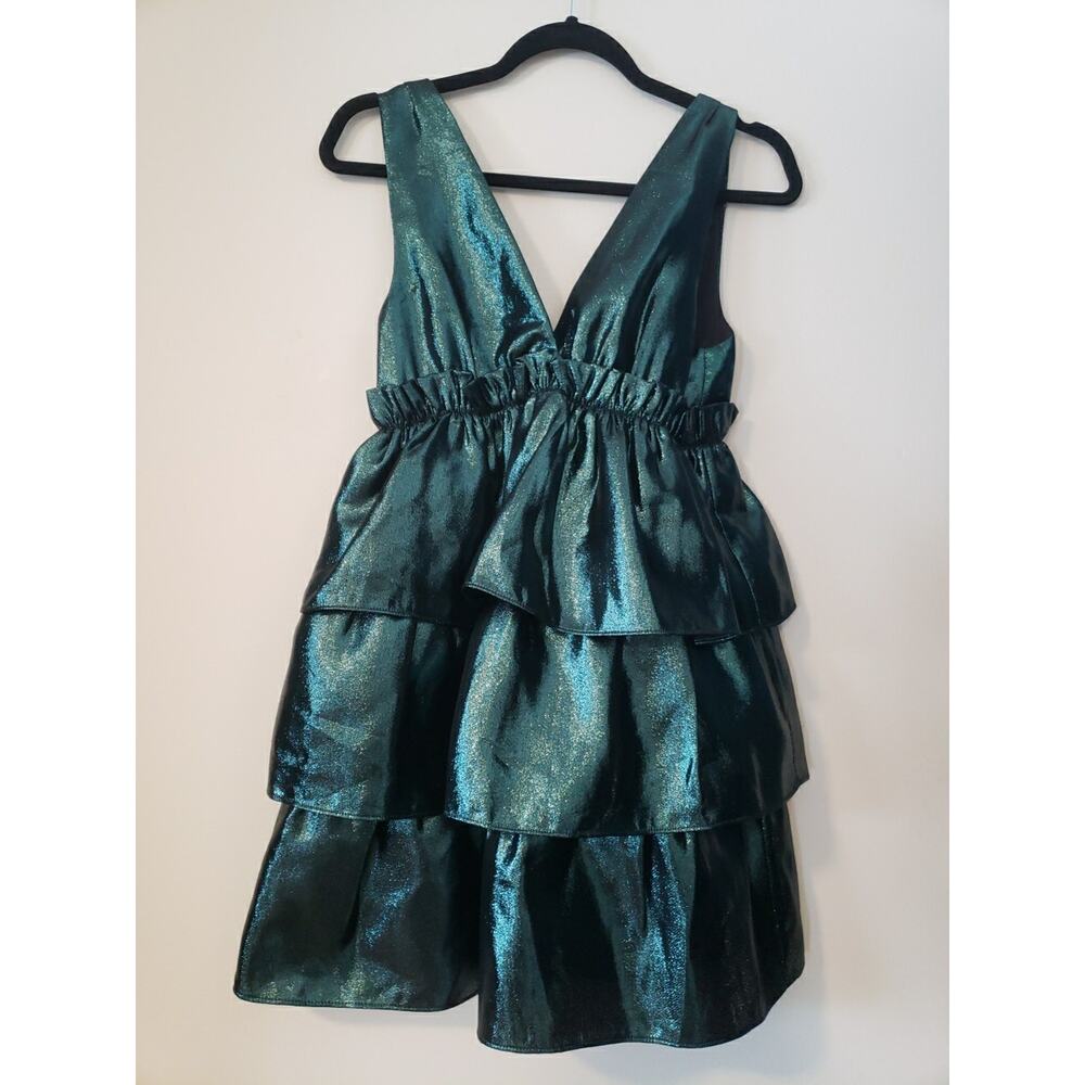 ZARA Shimmery Ruffled Tiered Mini Dress Hunter Green Sz XS Deep V-neck (V6